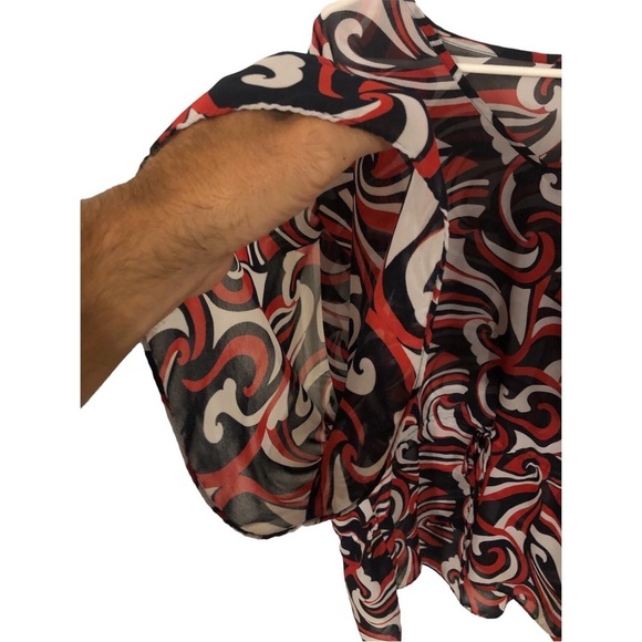 Chaps Retro Sheer Layer Blouse Y2K Bold Artsy Sophisticated Pull Tie Waist 2X - Picture 6 of 9